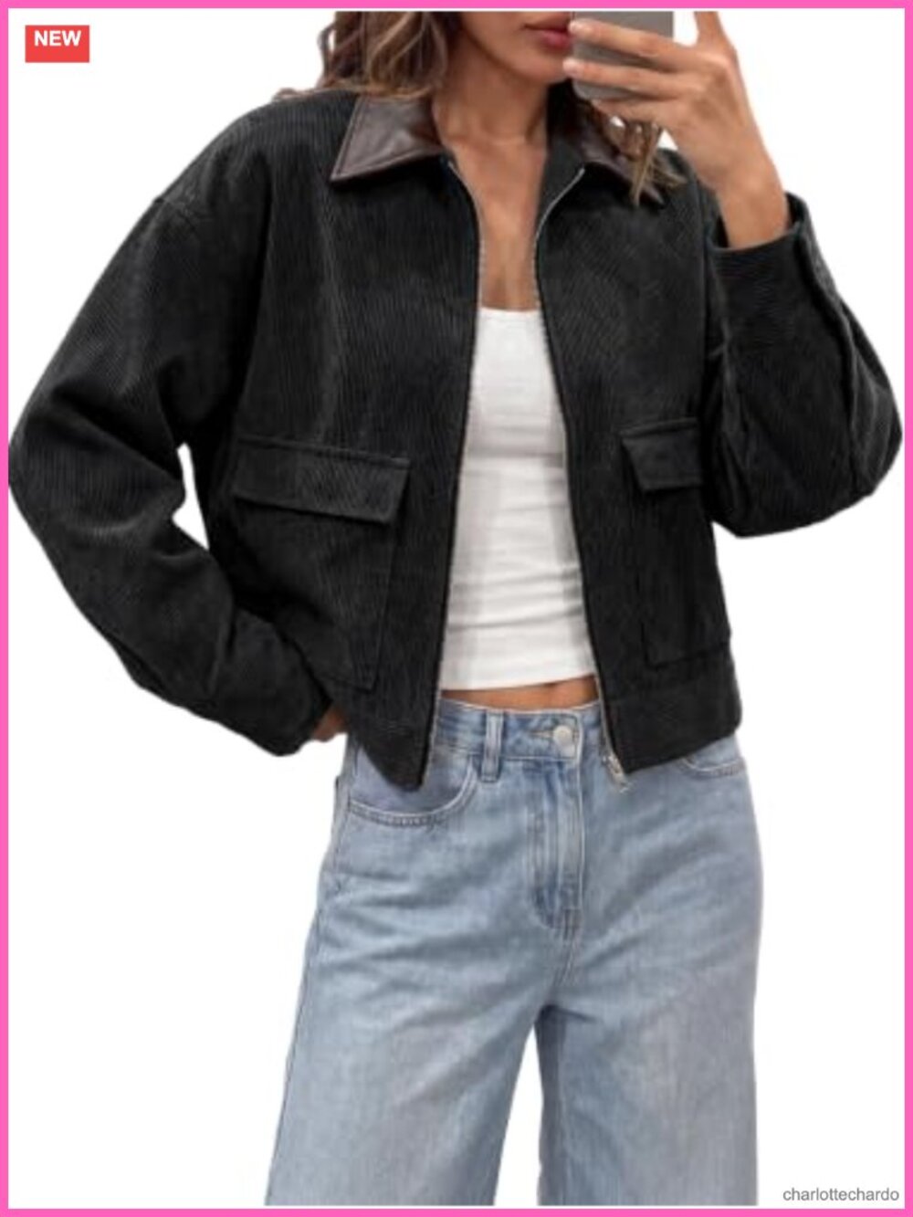 Womens Cropped Corduroy Jacket Oversized Zip Up Barn Bomber Coat